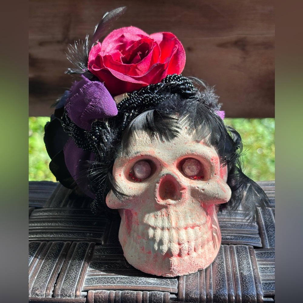Handmade Concrete Decorated Skull • Gothic Halloween Decor